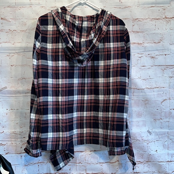 Roxy Sweater Womens Medium Red Black Plaid Draped Open Front Cardigan Hooded - Picture 8 of 9